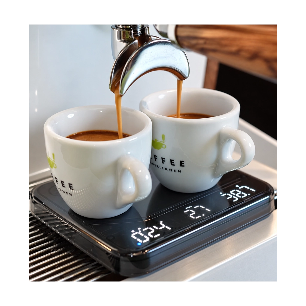 BOOKOO THEMIS Ultra Bluetooth-Kaffeewaage in Schwarz beim Espressobezug mit zwei Espressotassen unter einem Doppelauslauf-Siebträger