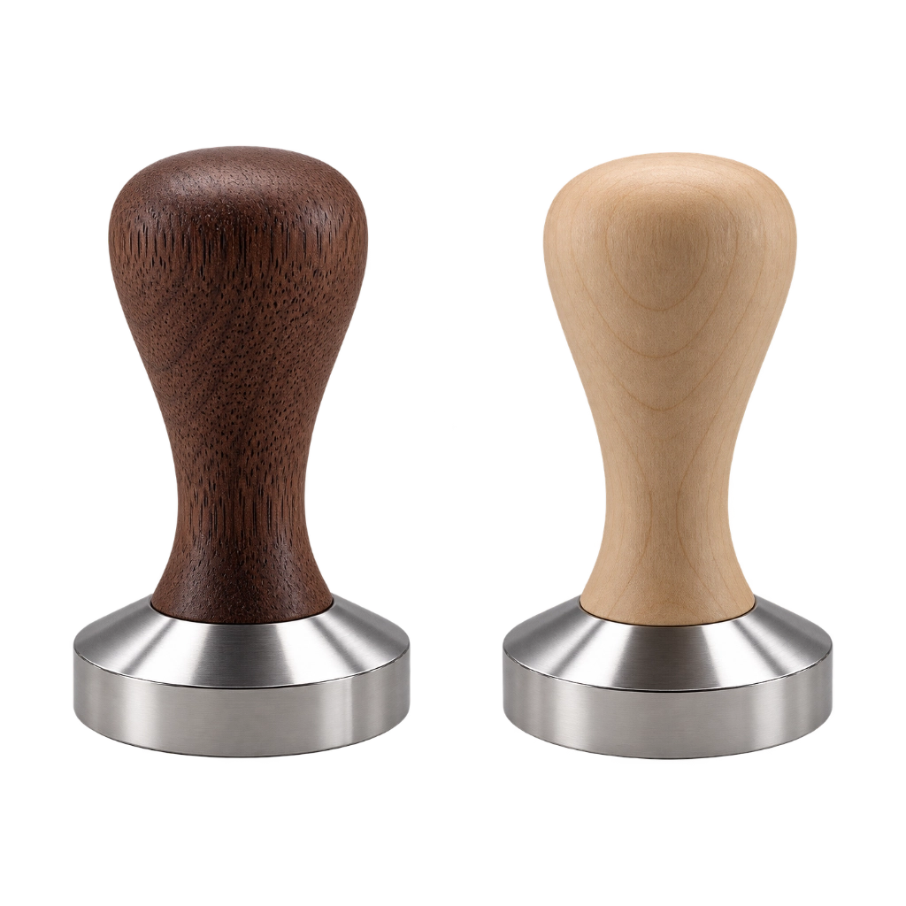 Kaffeemacher Tamper 51 mm für De’Longhi Dedica mit Edelstahlbasis und ergonomischen Holzgriffen in heller und dunkler Ausführung