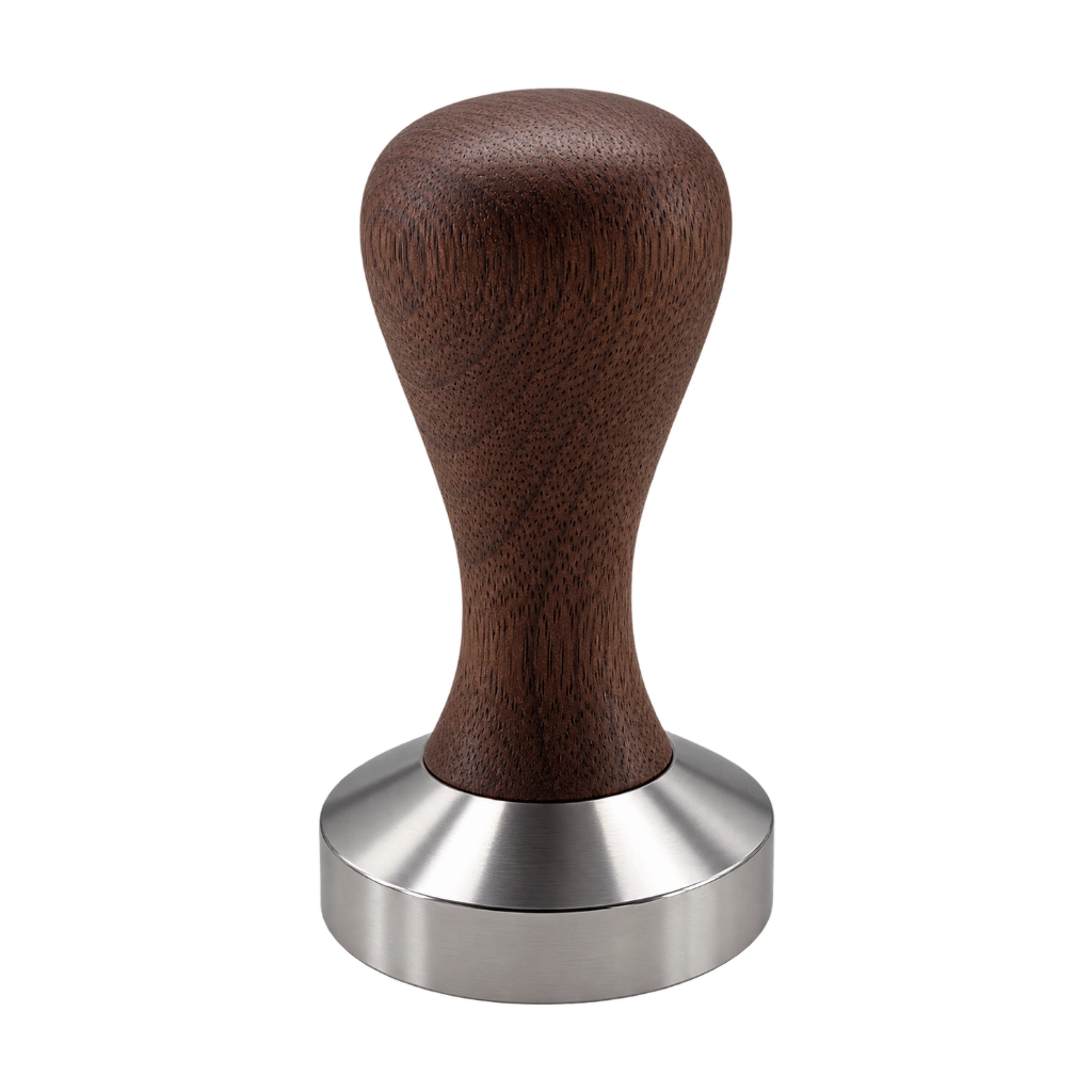 Kaffeemacher Tamper 51 mm für De’Longhi Dedica mit dunklem Walnussholzgriff und Edelstahlbasis als freigestellte Frontansicht