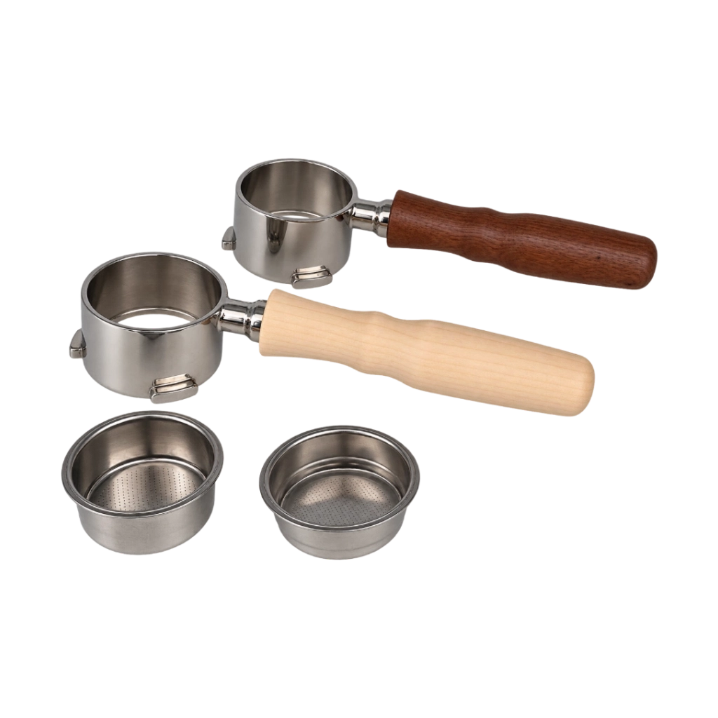 Kaffeemacher bodenloser Siebträger für DeLonghi Dedica in zwei Varianten mit hellem und dunklem Holzgriff sowie Siebeinsätzen