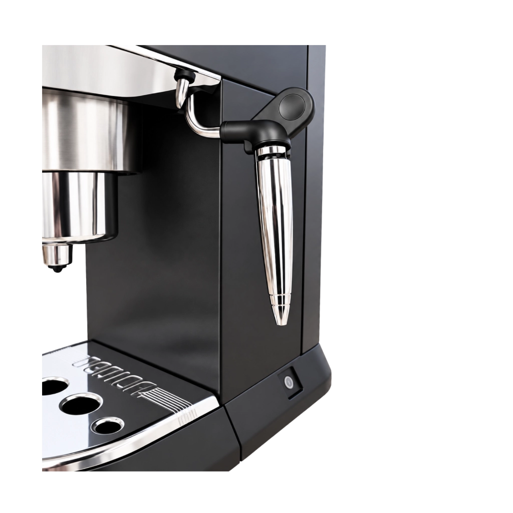 Kaffeemacher Edelstahl-Dampflanze für De’Longhi Kaffeemaschinen in montiertem Zustand mit schwarzer Halterung und schmaler Dampfdüse