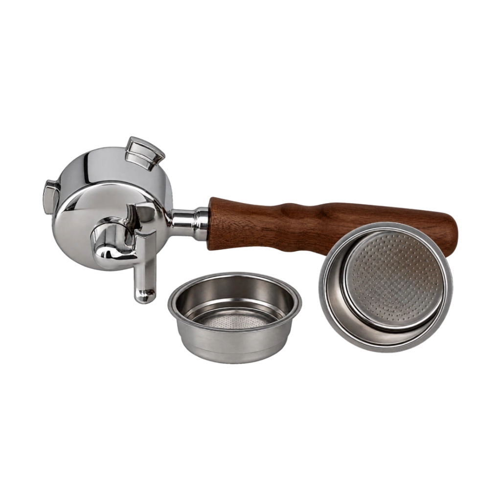 Kaffeemacher Siebträger für DeLonghi Dedica mit 2er-Auslauf, dunklem Holzgriff, glänzendem Edelstahl-Siebträgerkopf und zwei unterschiedlich großen Edelstahl-Siebeinsätzen.