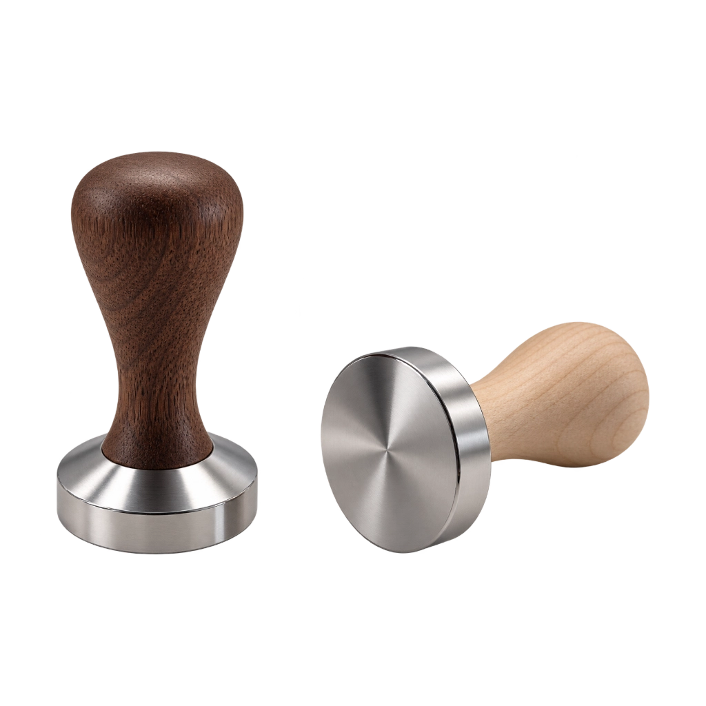 Kaffeemacher Tamper 51 mm für De’Longhi Dedica mit Edelstahlbasis und ergonomischen Holzgriffen in heller und dunkler Ausführung