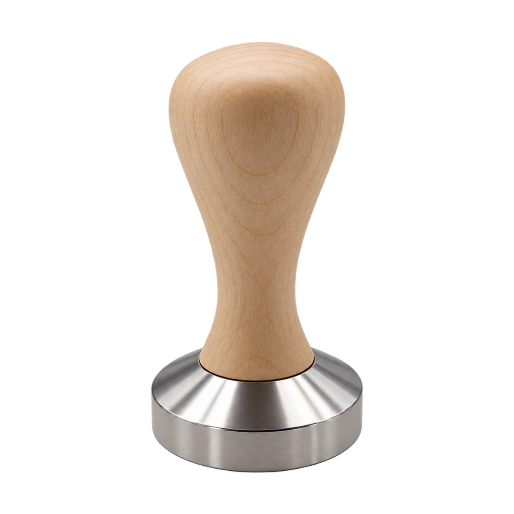 Kaffeemacher Tamper 51 mm für De’Longhi Dedica mit hellem Holzgriff und Edelstahlbasis als freigestellte Frontansicht