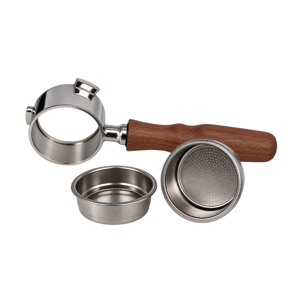 Kaffeemacher bodenloser Siebträger für DeLonghi Dedica mit dunklem Holzgriff und zwei Siebeinsätzen