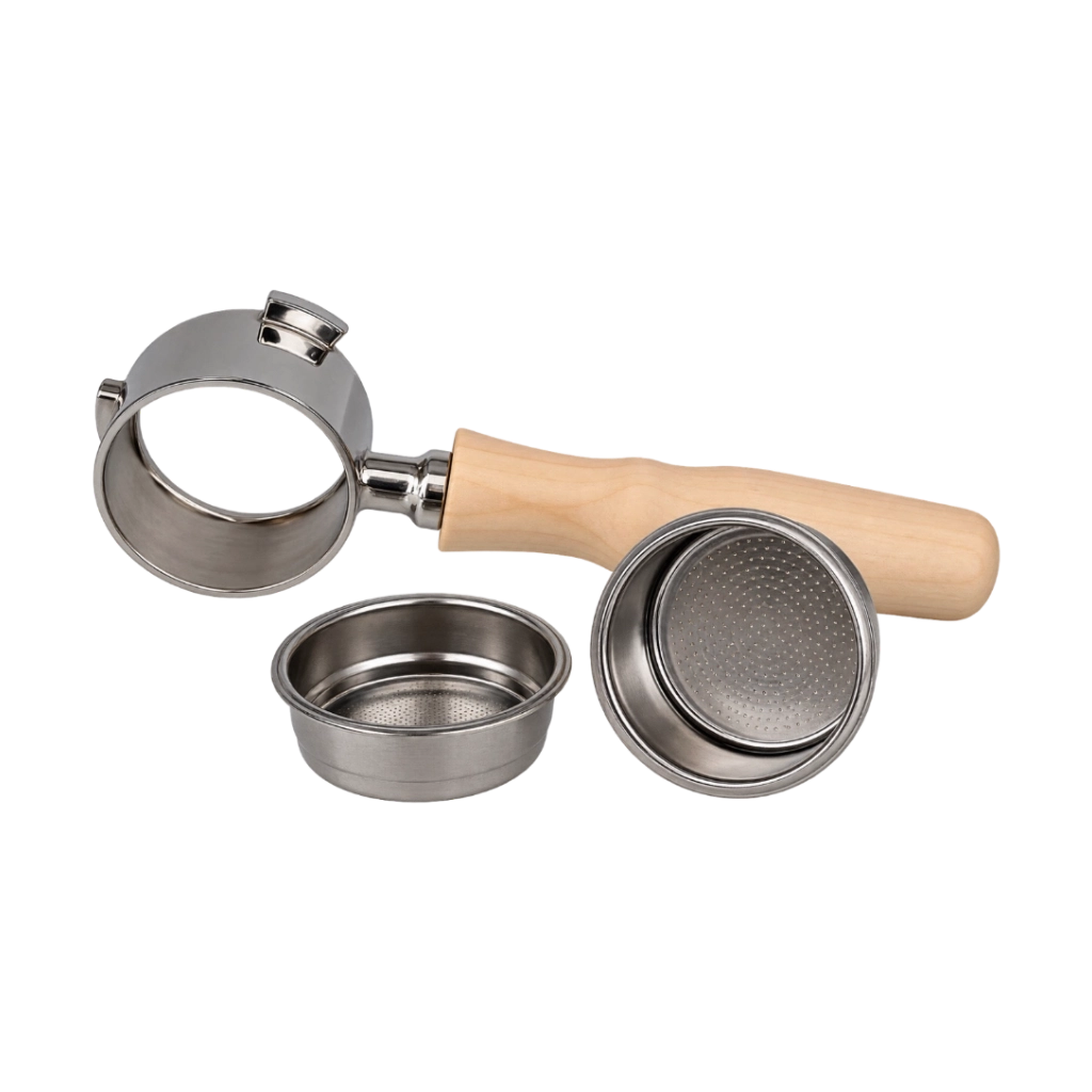 Kaffeemacher bodenloser Siebträger für DeLonghi Dedica mit hellem Holzgriff und zwei Edelstahl-Siebeinsätzen