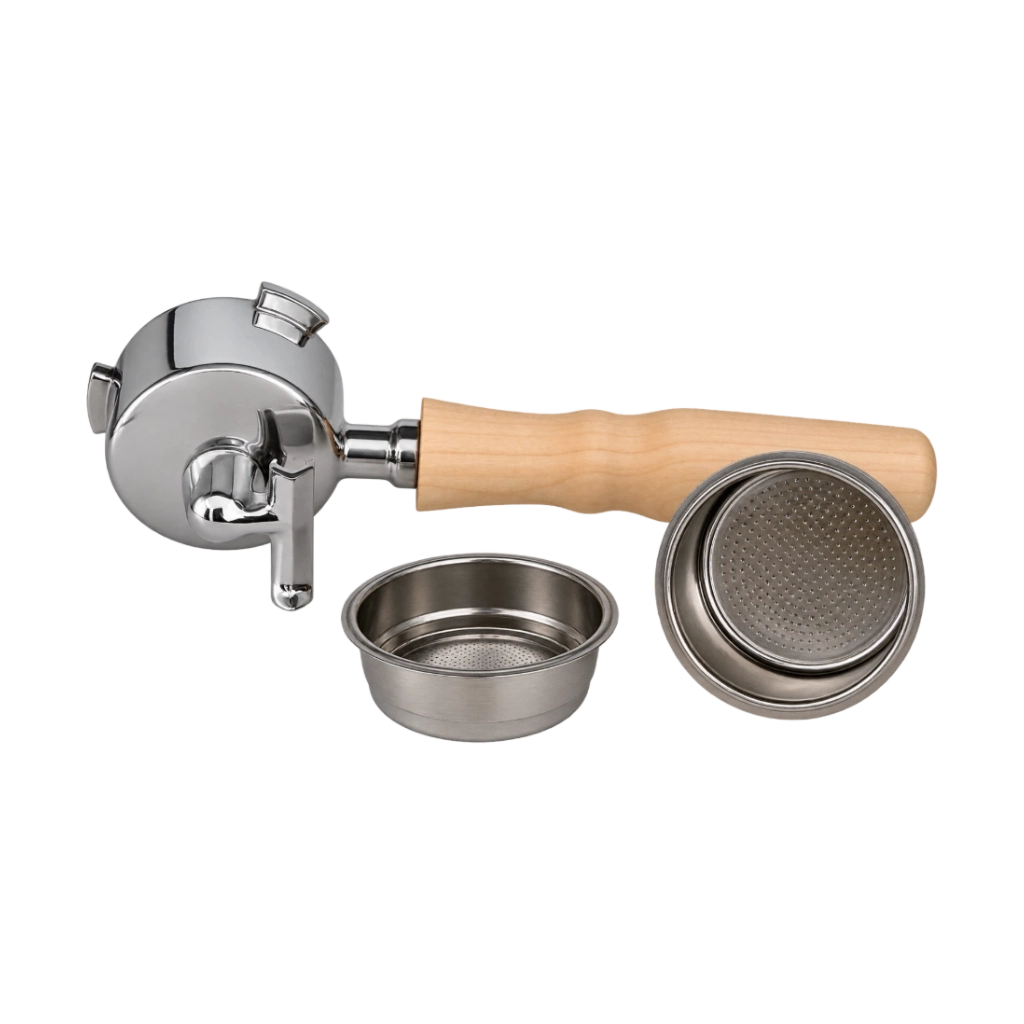 Kaffeemacher Siebträger für DeLonghi Dedica mit 2er-Auslauf, hellem Holzgriff, glänzendem Edelstahl-Siebträgerkopf und zwei unterschiedlich großen Edelstahl-Siebeinsätzen.