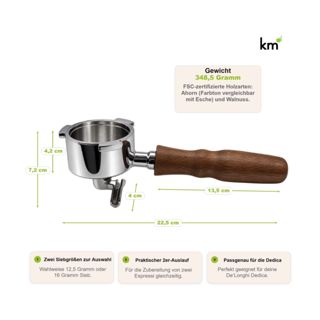 Kaffeemacher Siebträger für De’Longhi Dedica mit 2er-Auslauf, Holzgriff, 22,5 cm Länge und 348,5 g Gewicht
